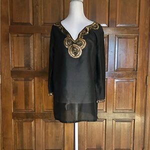 Tommy Bahama Tunic  Women’s Medium Black Beaded V-Neck 3/4 Sleeves Sheer Shirt